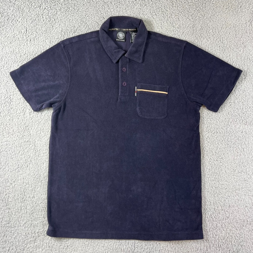 DKNY Jeans Polo Shirt Men's S Navy‎ Blue Terry Cloth Short Sleeve Pocket VTG NWT